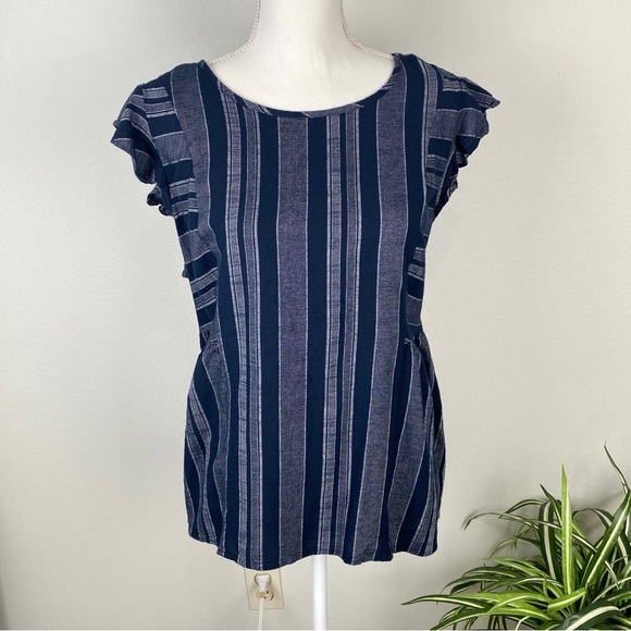 Fred David, Plus Size 2X Blouse Ruffle Sleeve Striped Navy Blue Gray EUC - Picture 1 of 9